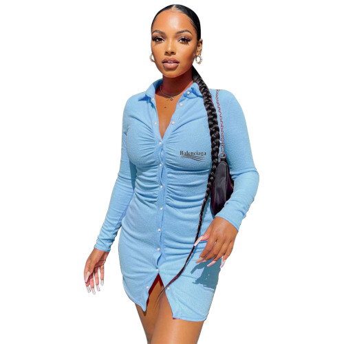 Sky Blue Pyrography Letter Ribbed Single-breasted Button Up Dress