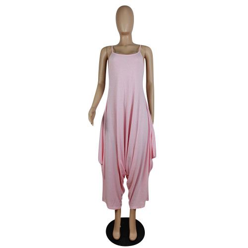 Pink One Piece Outfits Women Casual Sleeveless Strap Wide Leg Jumpsuits