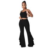 Women Black Two Piece Outfits Tracksuit Sets Casual Straps Crop Tops Bodycon Flared Long Pants Joggers Set