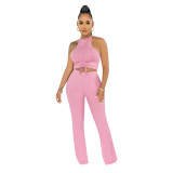 Sexy Pink Pit Pleated Lace-up Vest Trousers Two Piece