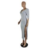 Women Summer Blue Grey Ribbed Half Sleeves Off Shoulder Plunging Slit Long Party Dress