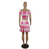 Summer Sexy Pink Plaid Off Shoulder Crop Top and High Waist Pleated Skirt Set