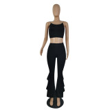 Women Black Two Piece Outfits Tracksuit Sets Casual Straps Crop Tops Bodycon Flared Long Pants Joggers Set