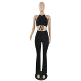 Sexy Black Pit Pleated Lace-up Vest Trousers Two Piece