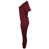Casual Wine Red V Neck Leopard Pocket Print Sweatpants Suit Two Pieces