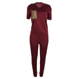 Casual Wine Red V Neck Leopard Pocket Print Sweatpants Suit Two Pieces