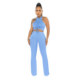 Sexy Pale Blue Pit Pleated Lace-up Vest Trousers Two Piece