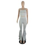 Women Grey Two Piece Outfits Tracksuit Sets Casual Straps Crop Tops Bodycon Flared Long Pants Joggers Set
