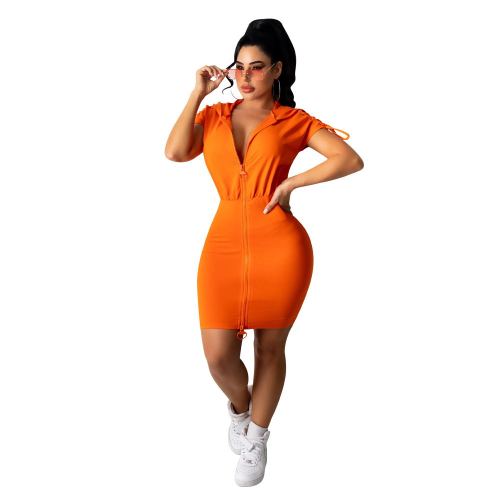 Summer Fashion Orange Zipper With Hoodie Bandage Short Sleeve Mini Dress