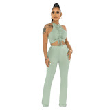 Sexy Pale Green Pit Pleated Lace-up Vest Trousers Two Piece