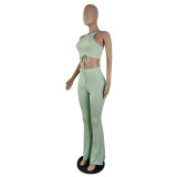 Sexy Pale Green Pit Pleated Lace-up Vest Trousers Two Piece