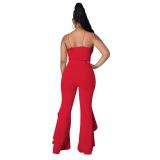Women Red Two Piece Outfits Tracksuit Sets Casual Straps Crop Tops Bodycon Flared Long Pants Joggers Set