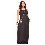 Solid Black High Waist Sleeveless Vest Maxi Dress with Pocket