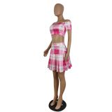 Summer Sexy Pink Plaid Off Shoulder Crop Top and High Waist Pleated Skirt Set