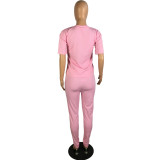Casual Pink V Neck Leopard Pocket Print Sweatpants Suit Two Pieces