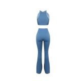 Sexy Pale Blue Pit Pleated Lace-up Vest Trousers Two Piece