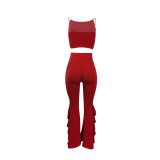 Women Red Two Piece Outfits Tracksuit Sets Casual Straps Crop Tops Bodycon Flared Long Pants Joggers Set