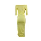 Women Summer Yellow Ribbed Half Sleeves Off Shoulder Plunging Slit Long Party Dress