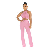 Sexy Pink Pit Pleated Lace-up Vest Trousers Two Piece
