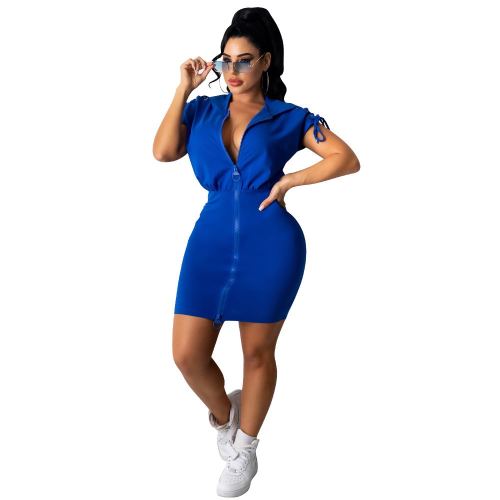 Summer Fashion Blue Zipper With Hoodie Bandage Short Sleeve Mini Dress