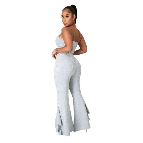 Women Grey Two Piece Outfits Tracksuit Sets Casual Straps Crop Tops Bodycon Flared Long Pants Joggers Set