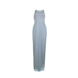 Solid Pale Blue High Waist Sleeveless Vest Maxi Dress with Pocket