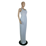 Solid Pale Blue High Waist Sleeveless Vest Maxi Dress with Pocket