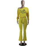 Women's Yellow Printed Letter Off Shoulder Drawstring Waist Bell Bottom Jumpsuits