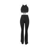 Sexy Black Pit Pleated Lace-up Vest Trousers Two Piece