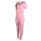 Casual Pink V Neck Leopard Pocket Print Sweatpants Suit Two Pieces