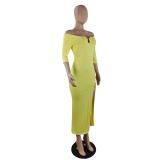 Women Summer Yellow Ribbed Half Sleeves Off Shoulder Plunging Slit Long Party Dress