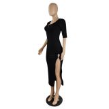Women Summer Black Ribbed Half Sleeves Off Shoulder Plunging Slit Long Party Dress