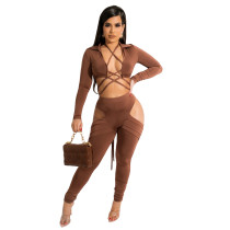 Coffee Stay Close Long Sleeve Bandage Top Hollow Out Pant Set