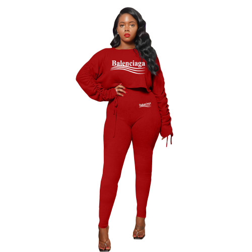 Casual Red Round Neck Pullover Solid Color Thread Long Sleeve Fold Pit Two-piece Set