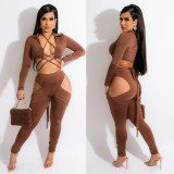 Coffee Stay Close Long Sleeve Bandage Top Hollow Out Pant Set