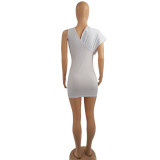 Solid Color White V Neck Short Sleeve Club Dress