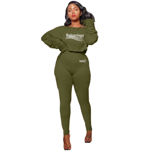 Casual Green Round Neck Pullover Solid Color Thread Long Sleeve Fold Pit Two-piece Set