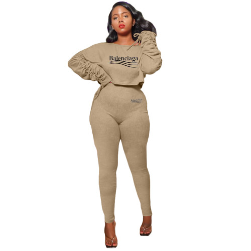 Casual Khaki Round Neck Pullover Solid Color Thread Long Sleeve Fold Pit Two-piece Set