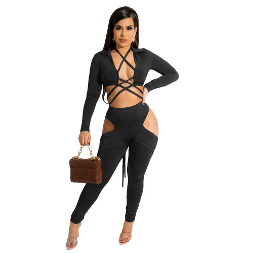 Black Stay Close Long Sleeve Bandage Top Hollow Out Pant Set