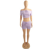 Solid Purple Shorts Yoga Wear Off Shoulder Shorts Sets