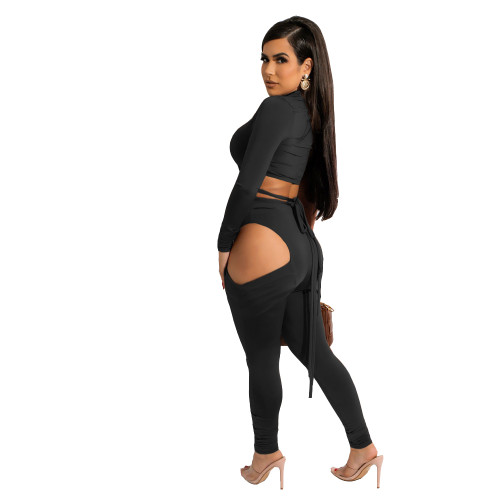 Black Stay Close Long Sleeve Bandage Top Hollow Out Pant Set