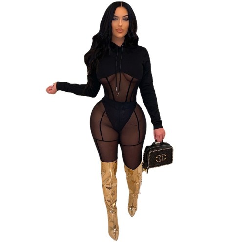 Wholesale Two Piece Clothing Spring Sexy Black See Through Mesh Long Sleeve Hoodie Top And Trousers