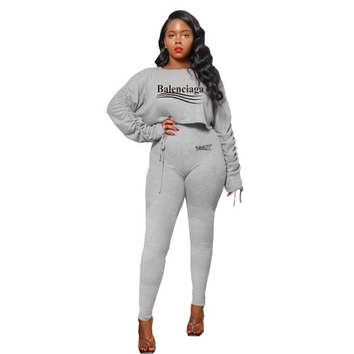 Casual Grey Round Neck Pullover Solid Color Thread Long Sleeve Fold Pit Two-piece Set