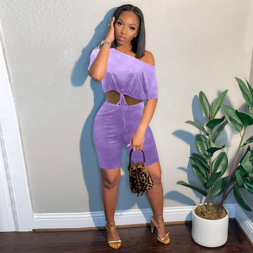 Solid Color Purple Printed Top Off Shoulder Short Sleeve Sports Crop Top Shorts Two-Piece Set