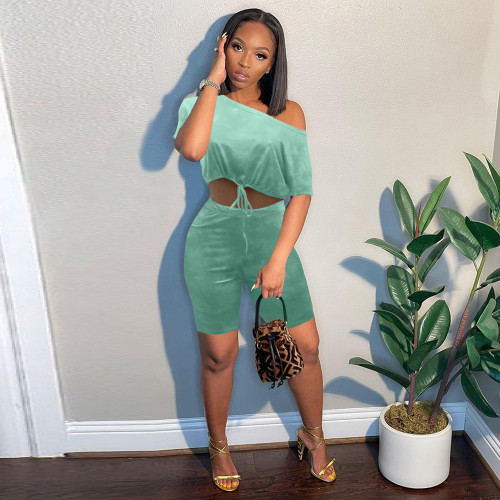 Solid Color Pale Green Printed Top Off Shoulder Short Sleeve Sports Crop Top Shorts Two-Piece Set