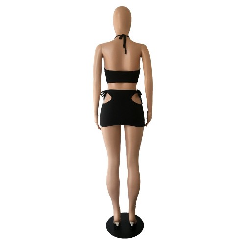 Solid Sexy Black Fishnet Cutout Halter Crop Top and Mini Skirts