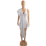 Solid Color White V Neck Short Sleeve Club Dress