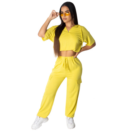 Womens 2 Pieces Outfits Zip V Neck Crop Top Hoodie Drawstring Loose Long Pants Set with Pockets