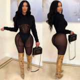 Wholesale Two Piece Clothing Spring Sexy Black See Through Mesh Long Sleeve Hoodie Top And Trousers