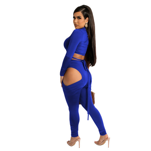 Blue Stay Close Long Sleeve Bandage Top Hollow Out Pant Set